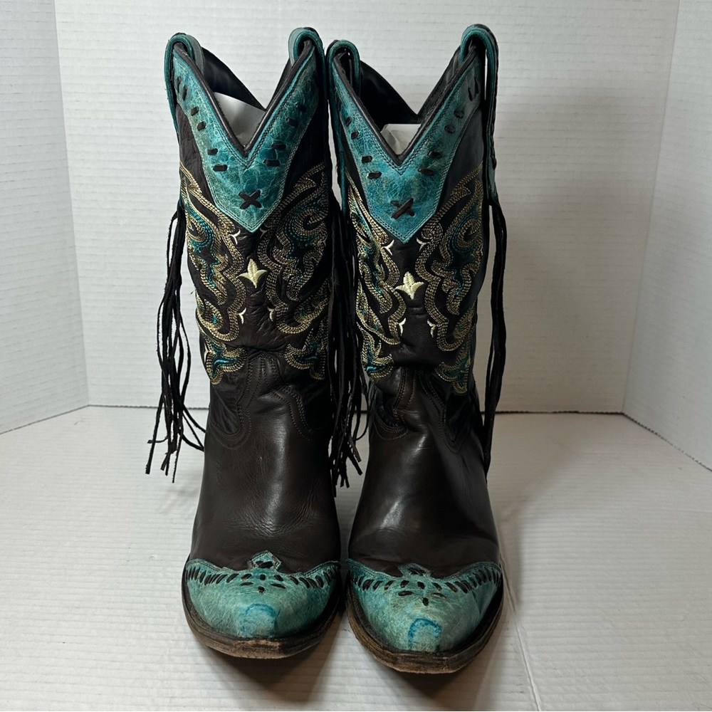 Lucchese Women's Cowboy Boots Chocolate Brown / Turquoise Fringe Size 9B M 5022